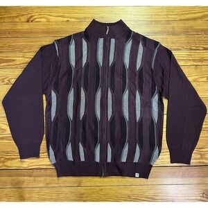 Stacy Adams Mens Knit Full Zip Sweater XL Maroon Geometric